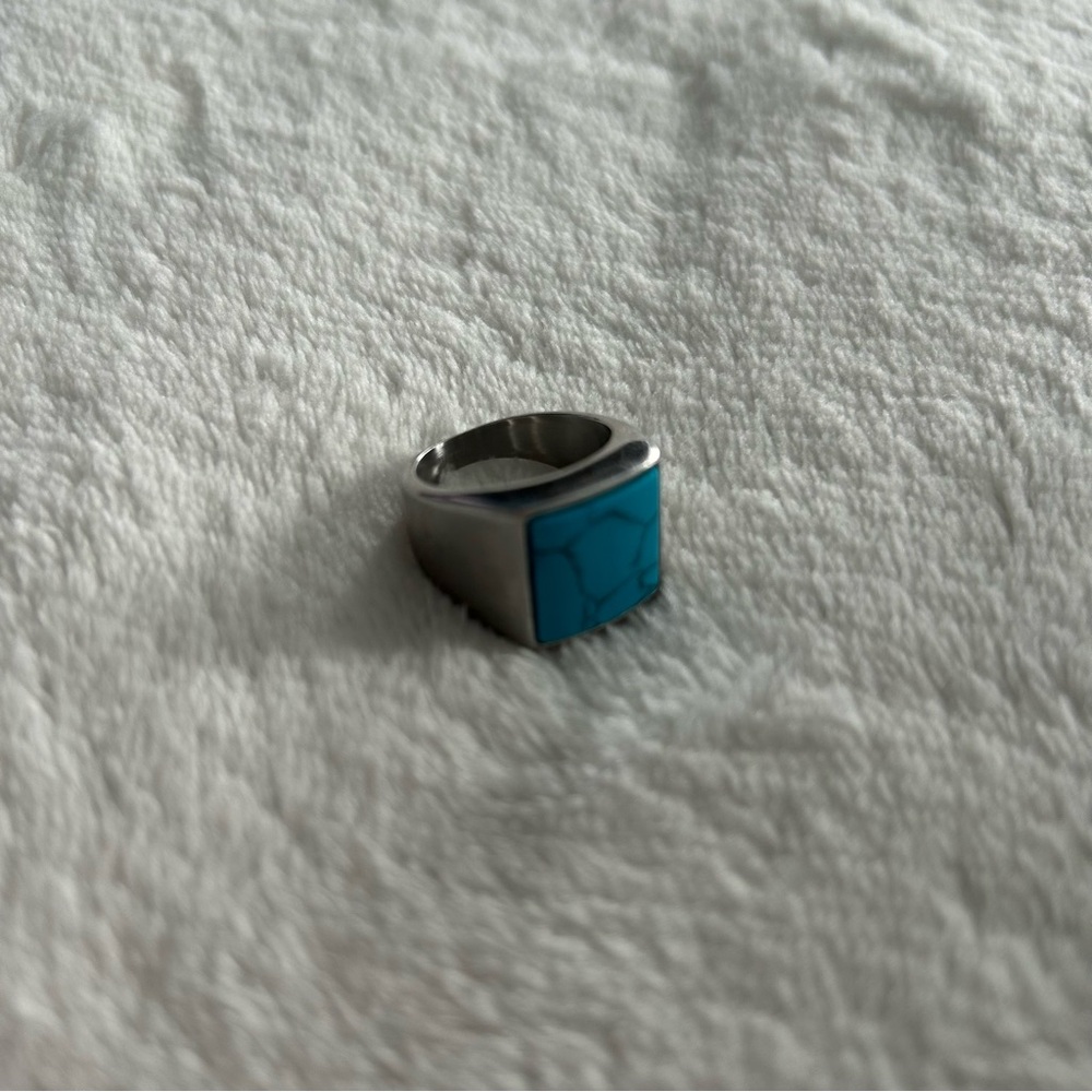 Stainless steel signet ring with turquoise style square stone